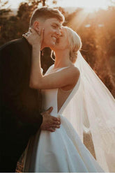 Ivory Satin Simple A-line V-neck Wedding Dresses, Elegant Bridal Gown